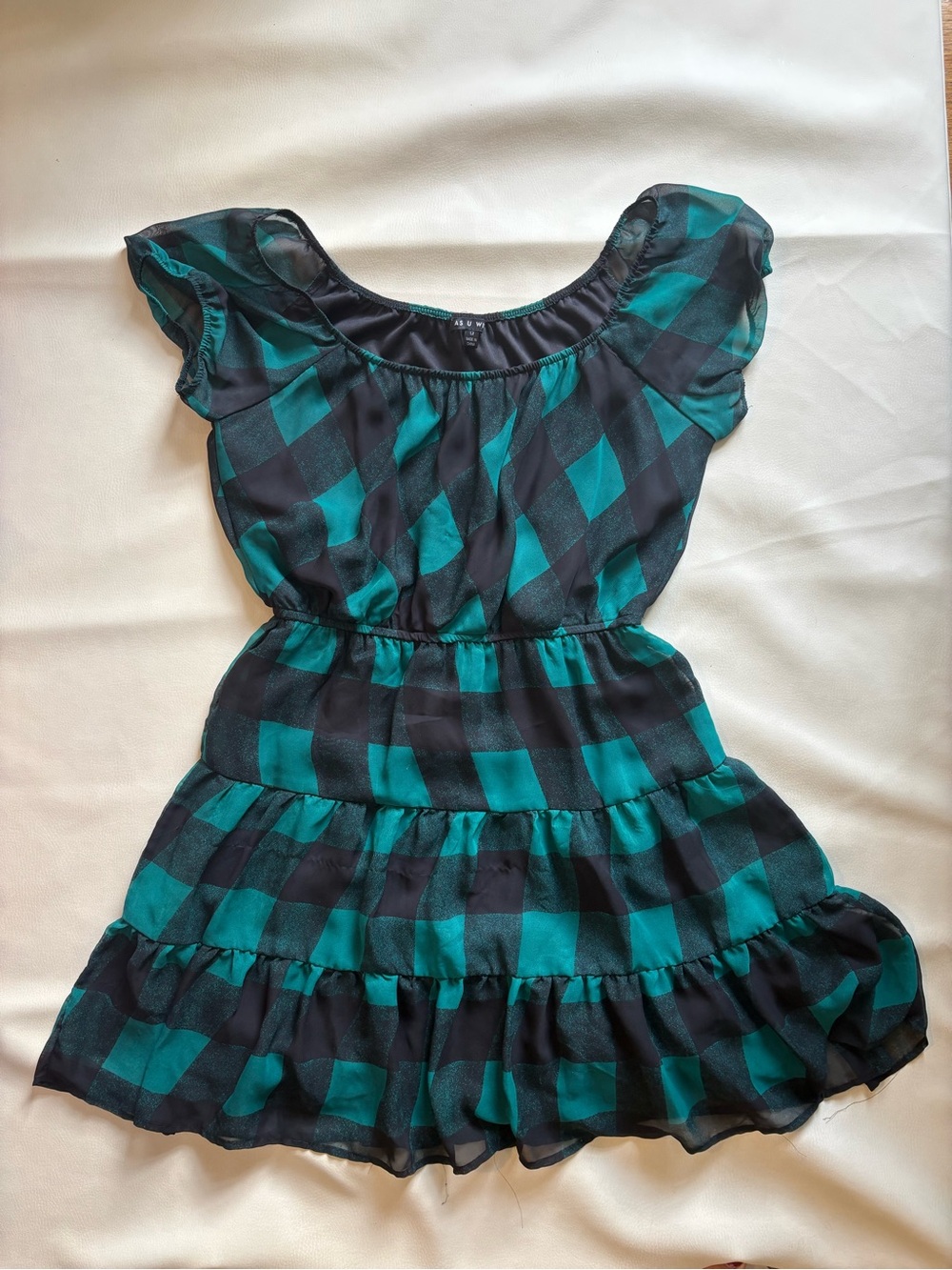 Teal and Black Check Plaid Ruffle Tier Dress